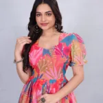 Pink Floral Puff Sleeve Midi Dress – Square Neck Fit & Flare Party Dress for Women