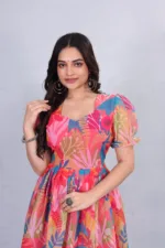 Pink Floral Puff Sleeve Midi Dress – Square Neck Fit & Flare Party Dress for Women