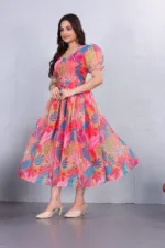 Pink Floral Puff Sleeve Midi Dress – Square Neck Fit & Flare Party Dress for Women - Image 2