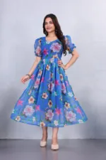 Blue Floral Puff Sleeve Midi Dress – Square Neck Fit & Flare Party Dress for Women - Image 4