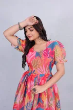 Pink Floral Puff Sleeve Midi Dress – Square Neck Fit & Flare Party Dress for Women - Image 4