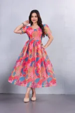Pink Floral Puff Sleeve Midi Dress – Square Neck Fit & Flare Party Dress for Women - Image 3