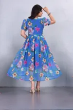 Blue Floral Puff Sleeve Midi Dress – Square Neck Fit & Flare Party Dress for Women - Image 3
