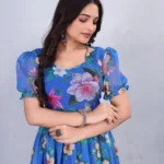 Blue Floral Puff Sleeve Midi Dress – Square Neck Fit & Flare Party Dress for Women