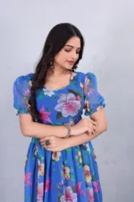 Blue Floral Puff Sleeve Midi Dress – Square Neck Fit & Flare Party Dress for Women