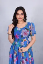 Blue Floral Puff Sleeve Midi Dress – Square Neck Fit & Flare Party Dress for Women - Image 2