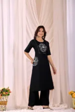 Black - Women Pure Cotton Kurta Palazzo Dupatta Set - Image 4