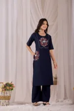 Blue - Women Pure Cotton Kurta Palazzo Dupatta Set - Image 3