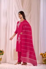 Pink - Women Pure Cotton Kurta Palazzo Dupatta Set - Image 4