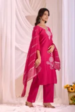 Pink - Women Pure Cotton Kurta Palazzo Dupatta Set - Image 3
