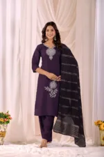 Purple - Women Pure Cotton Kurta Palazzo Dupatta Set - Image 4