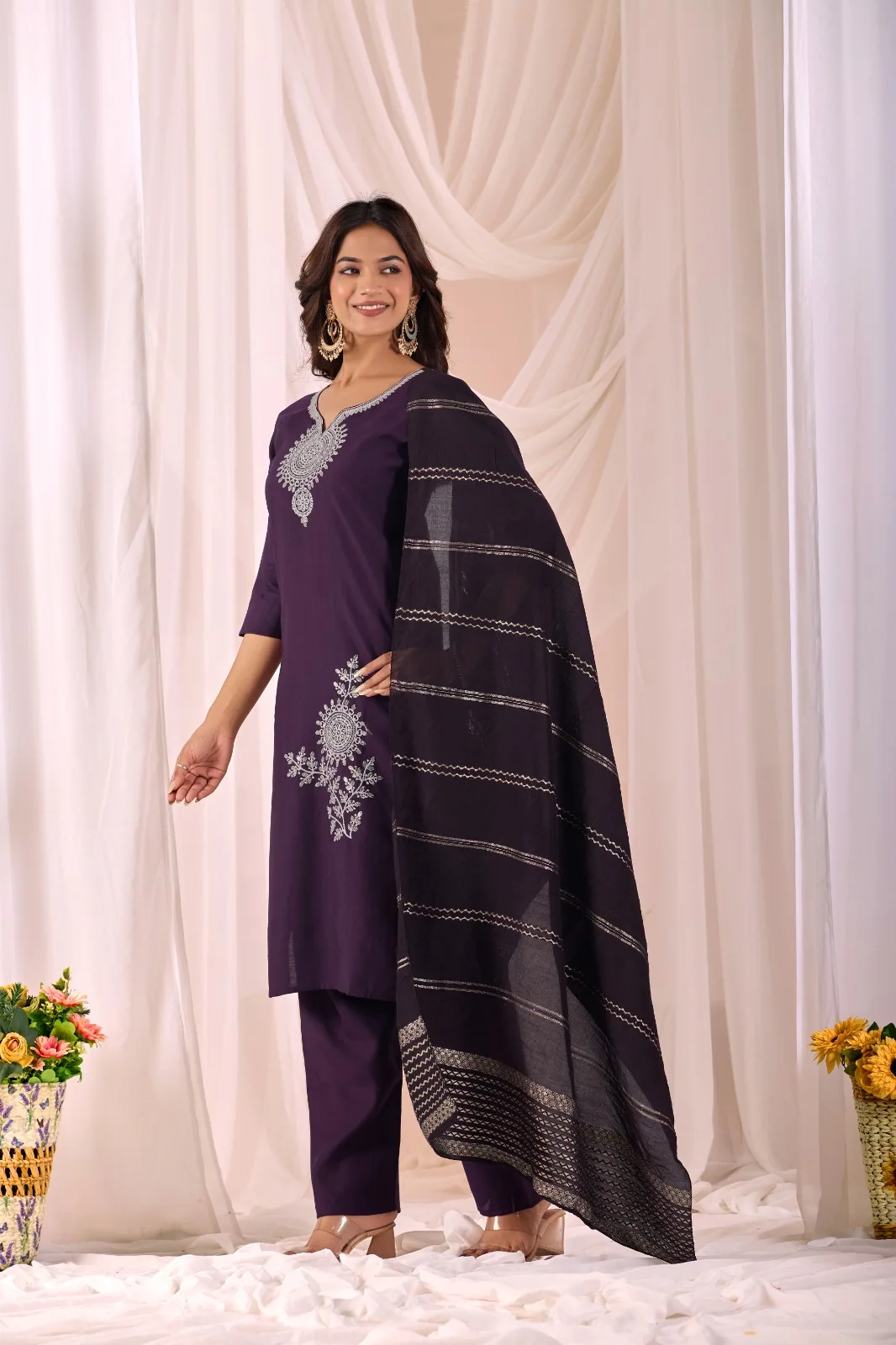WhatsApp Image 2026-01-03 at 4.19.57 PM (3) Purple - Women Pure Cotton Kurta Palazzo Dupatta Set - Image 1