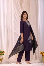 Purple - Women Pure Cotton Kurta Palazzo Dupatta Set - Image 2