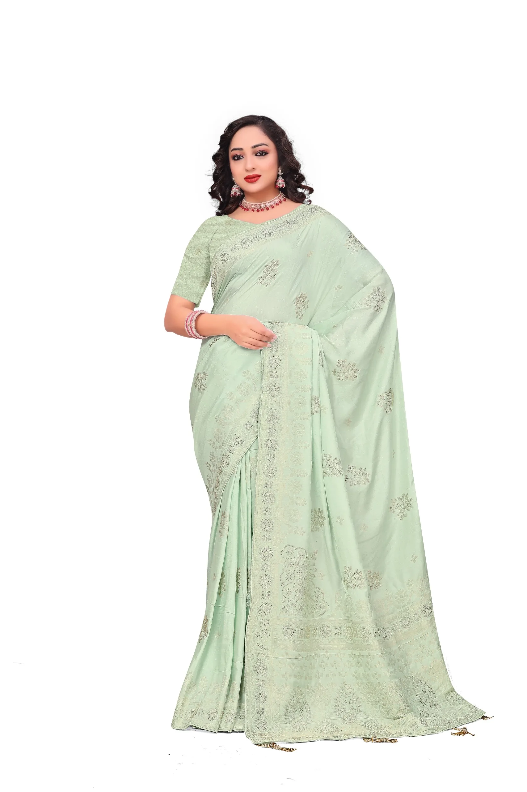 Elegant mint green silk saree front look Elegant mint green silk saree front look