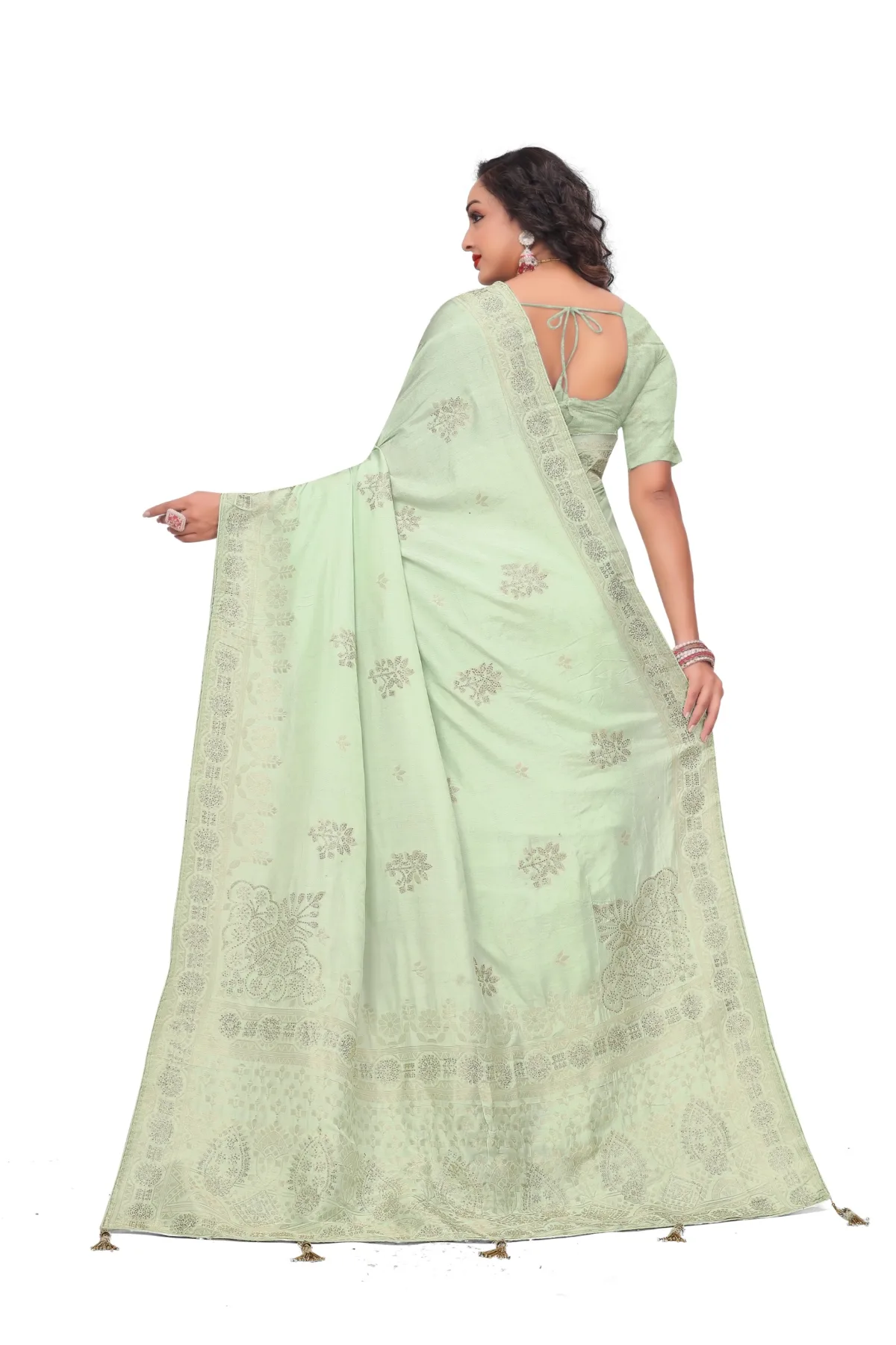 Pastel mint green silk saree with unstitched blouse piece
