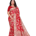 Royal Red Banarasi Silk Saree with Woven Golden Zari Floral Jaal Work