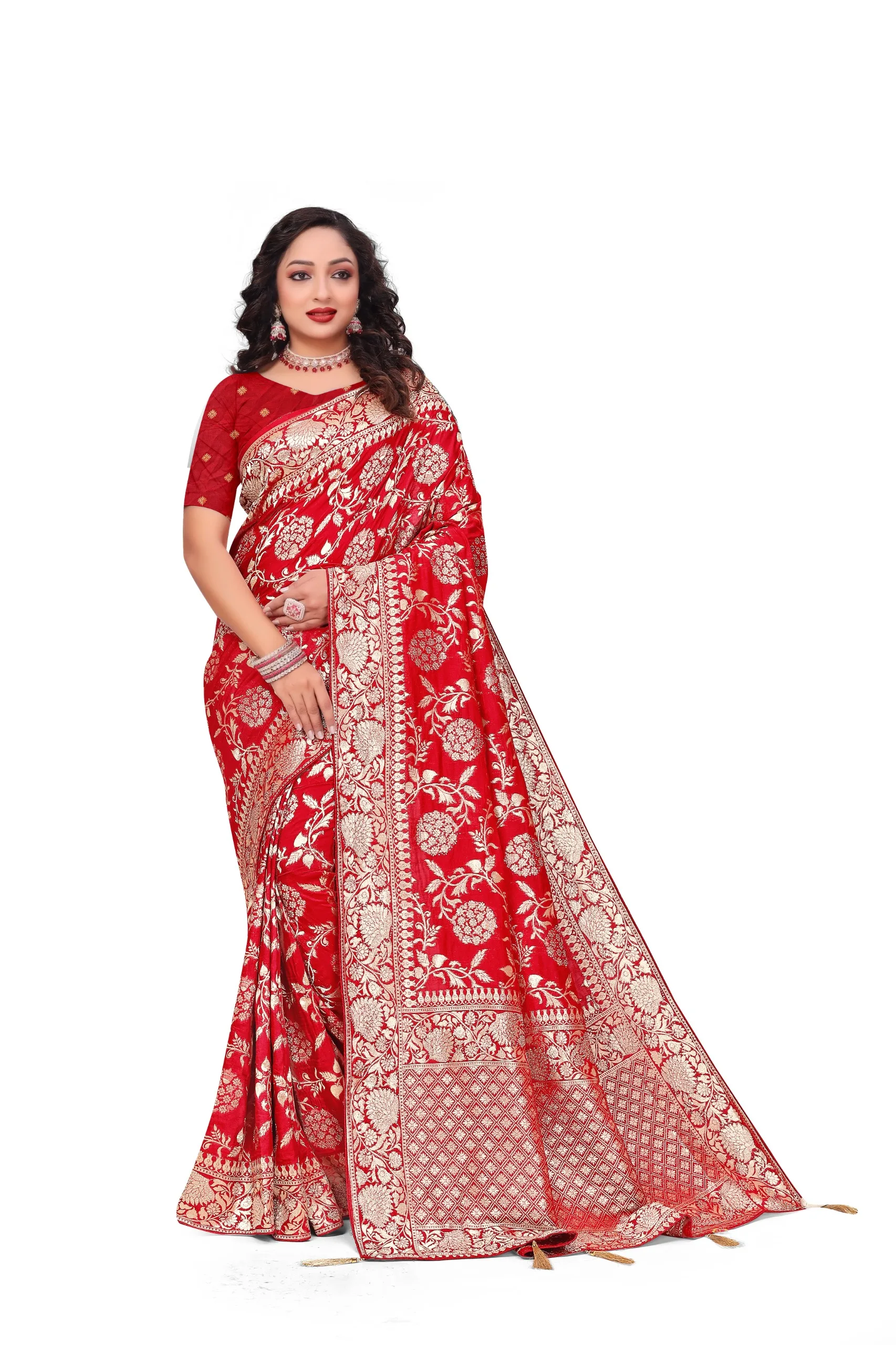Royal red banarasi silk saree wedding look Royal Red Banarasi Silk Saree with Woven Golden Zari Floral Jaal Work - Image 1