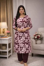Wine Floral Printed Rayon Kurti Pant Set for Women