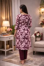 Wine Floral Printed Rayon Kurti Pant Set for Women - Image 4