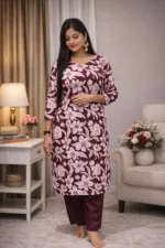 Wine Floral Printed Rayon Kurti Pant Set for Women - Image 3