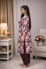 Wine Floral Printed Rayon Kurti Pant Set for Women - Image 2