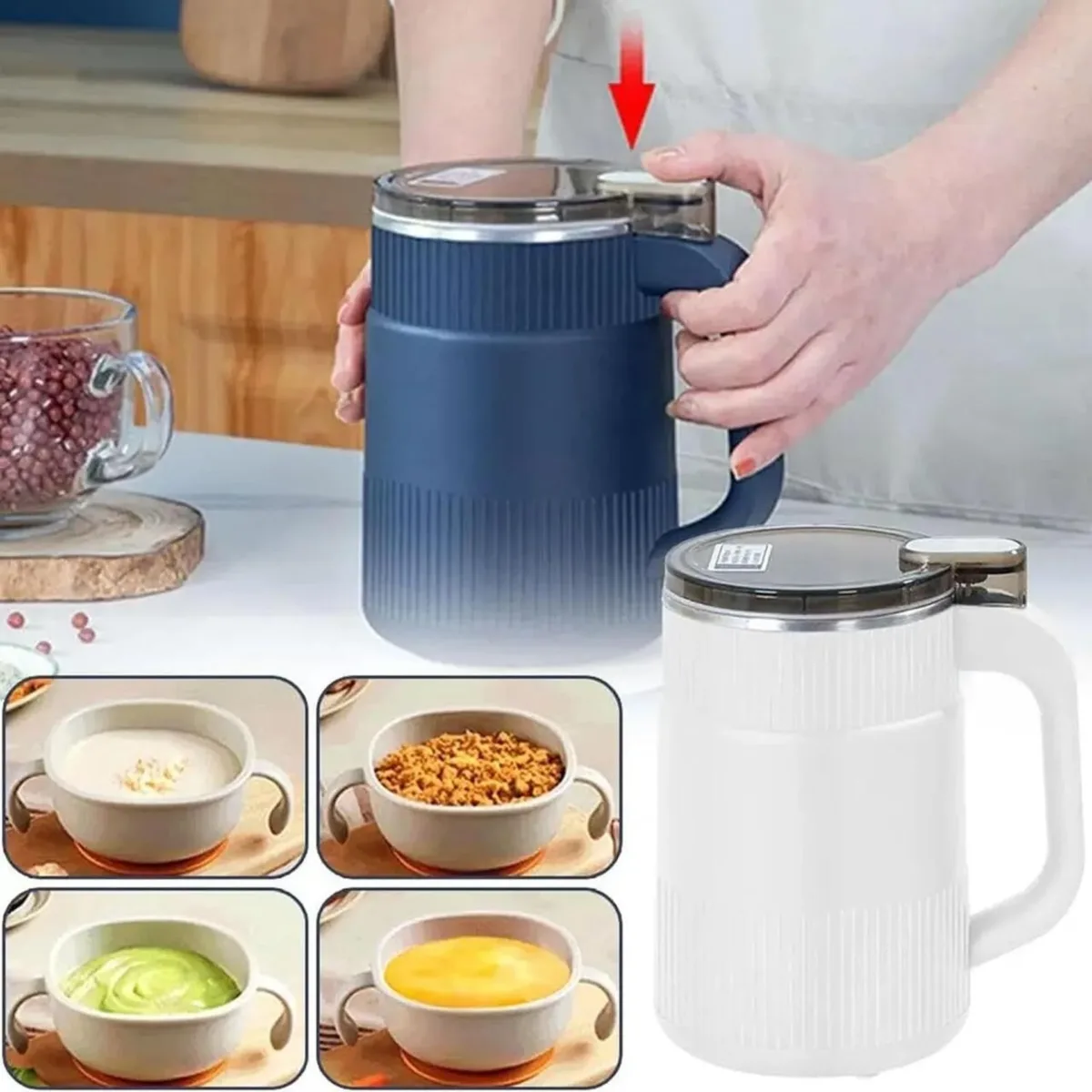 Portable electric mini grinder in deep blue color with spices and coffee beans