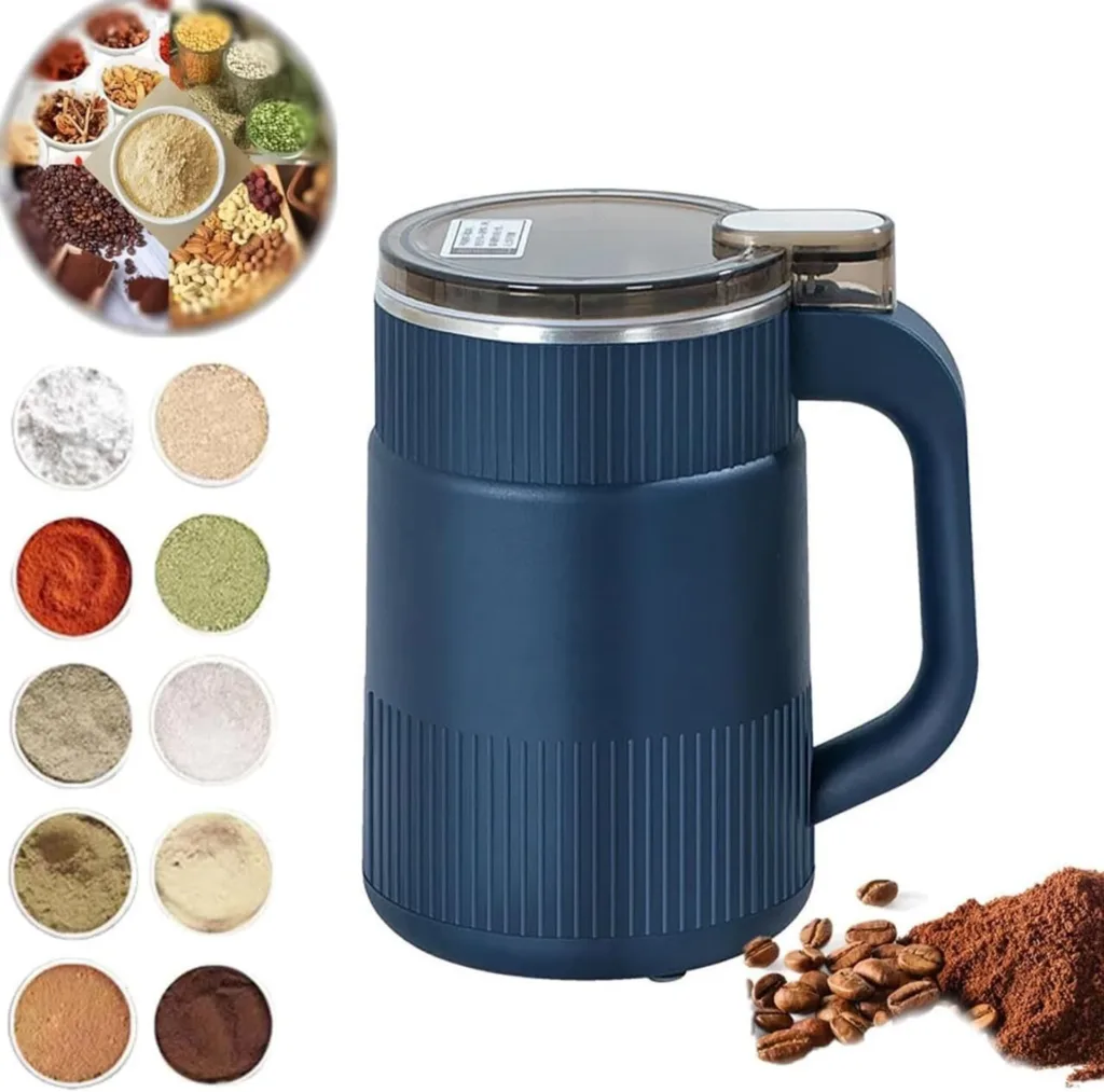 Blue and white mini grinders with examples of smooth baby food and purees
