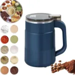 Blue and white mini grinders with examples of smooth baby food and purees