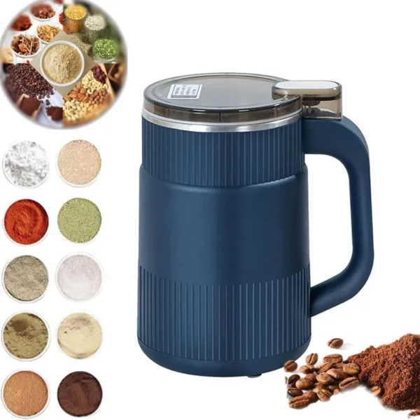 Blue and white mini grinders with examples of smooth baby food and purees