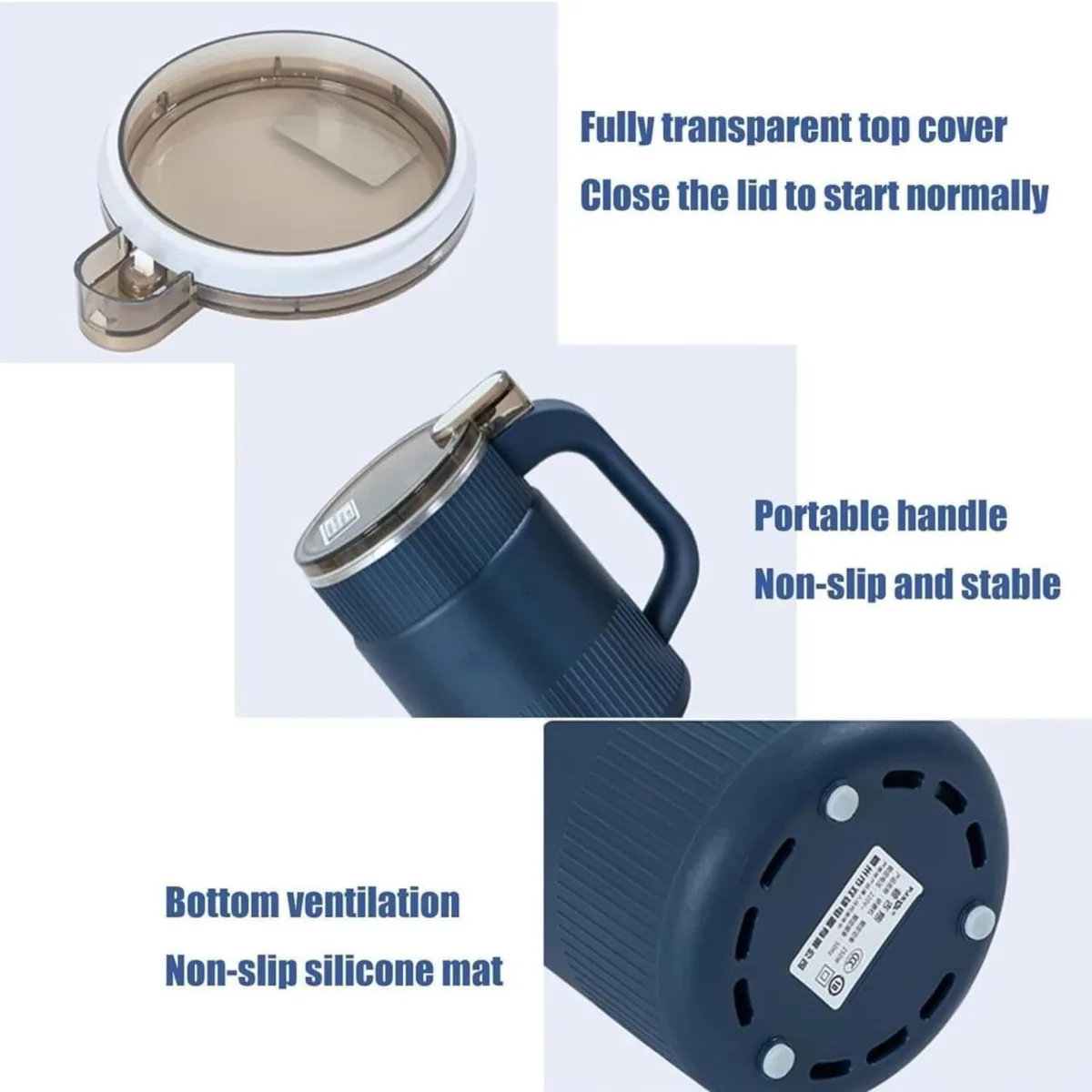 Transparent top cover, non-slip handle, and bottom ventilation details of mini grinder