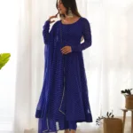 Woman wearing a blue leheriya printed Anarkali kurta with matching pants and dupatta, front view ethnic festive wear suit set.