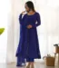 Woman wearing a blue leheriya printed Anarkali kurta with matching pants and dupatta, front view ethnic festive wear suit set.