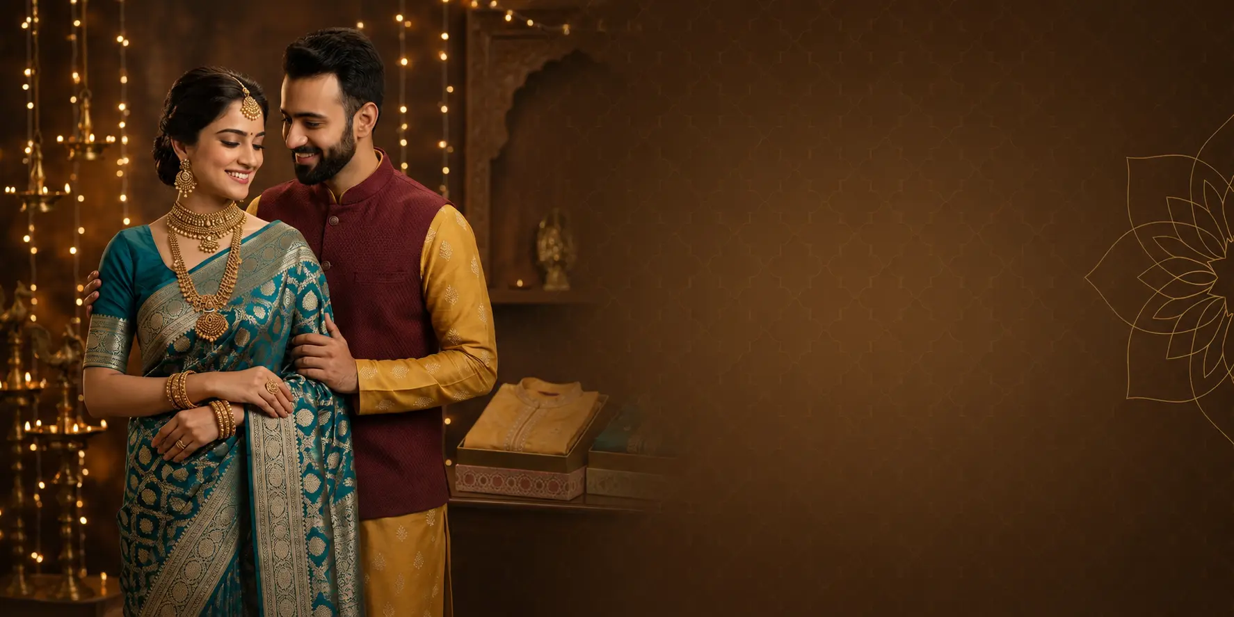 Elegant Indian woman wearing a traditional saree with gold jewellery, showcasing premium ethnic fashion including kurtis, sarees and accessories.