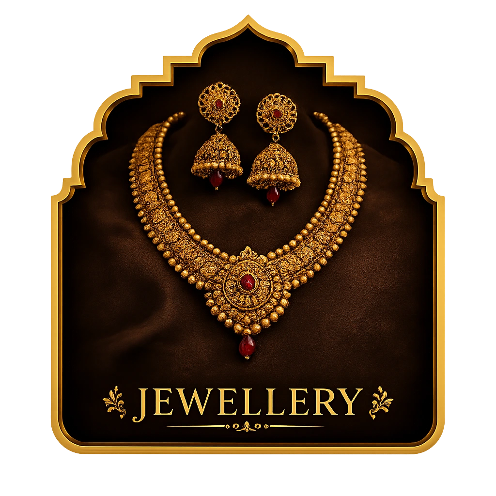 Traditional gold necklace and jhumka earrings bridal jewellery set.