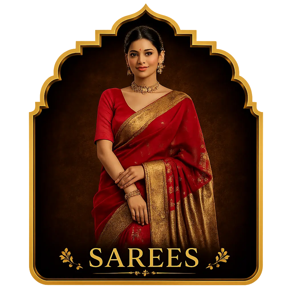 Beautiful woman wearing a traditional red silk saree with gold border.