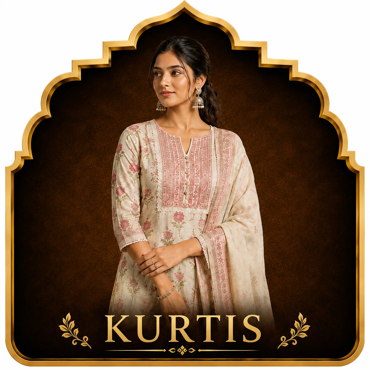 Woman wearing a floral embroidered cotton kurti with matching dupatta.